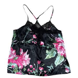 Secret Treasures Silky Satiny Sleep Camisole Black Lace and Floral Print S/CH4-6
